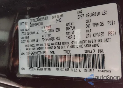 2003 Dodge Dakota Slt из США, поврежденный, VIN 1D7HG42N93S284502